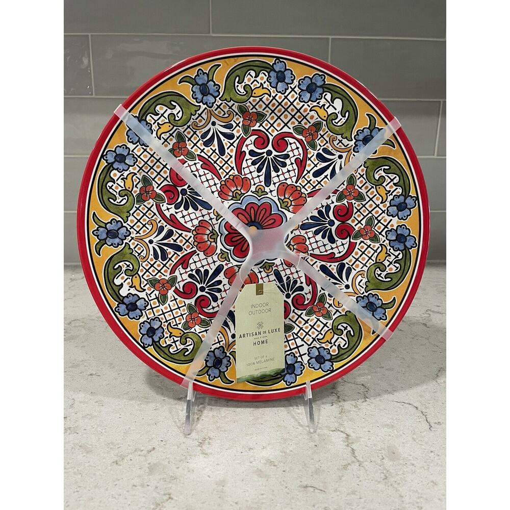 Set 4 Artisan De Luxe Spanish Medallion Dinner Plates Melamine Red Yellow Mosaic